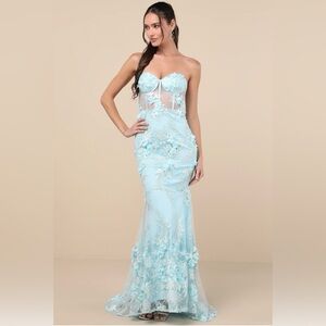 Lulu’s Elegant Strapless Blue Evening Embroidered Floral Bustier Maxi Dress Sz S